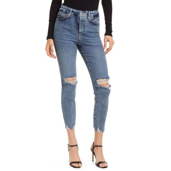 GOOD AMERICAN NWT Good Waist Chew Hem Cropped Jeans In Blue799 // 0 (25) - Picture 1 of 15